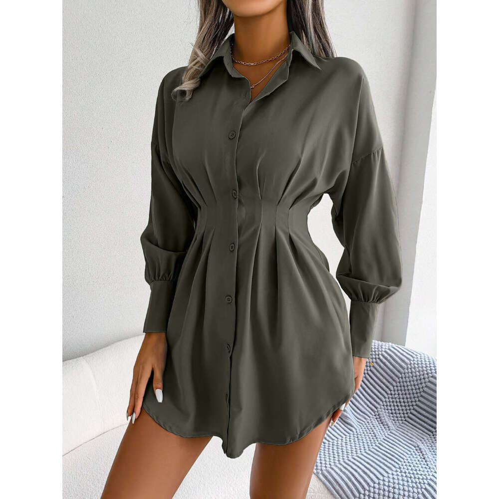 Ins style real-life photos of spring and summer lantern sleeves, waist cinched asymmetrical dress, shirt skirt, women's clothing, 2025 new casual