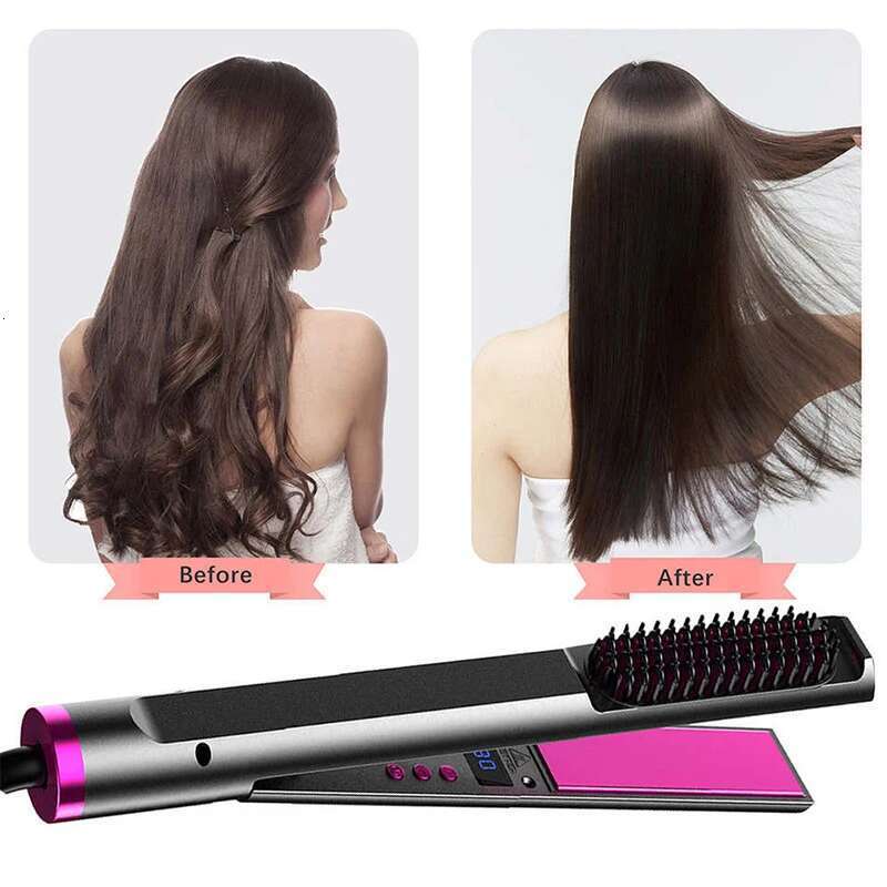 Professional 2 in 1 Straightener Electric Flat iron Anti-Scald Brush Hot Comb Hair Style Tool