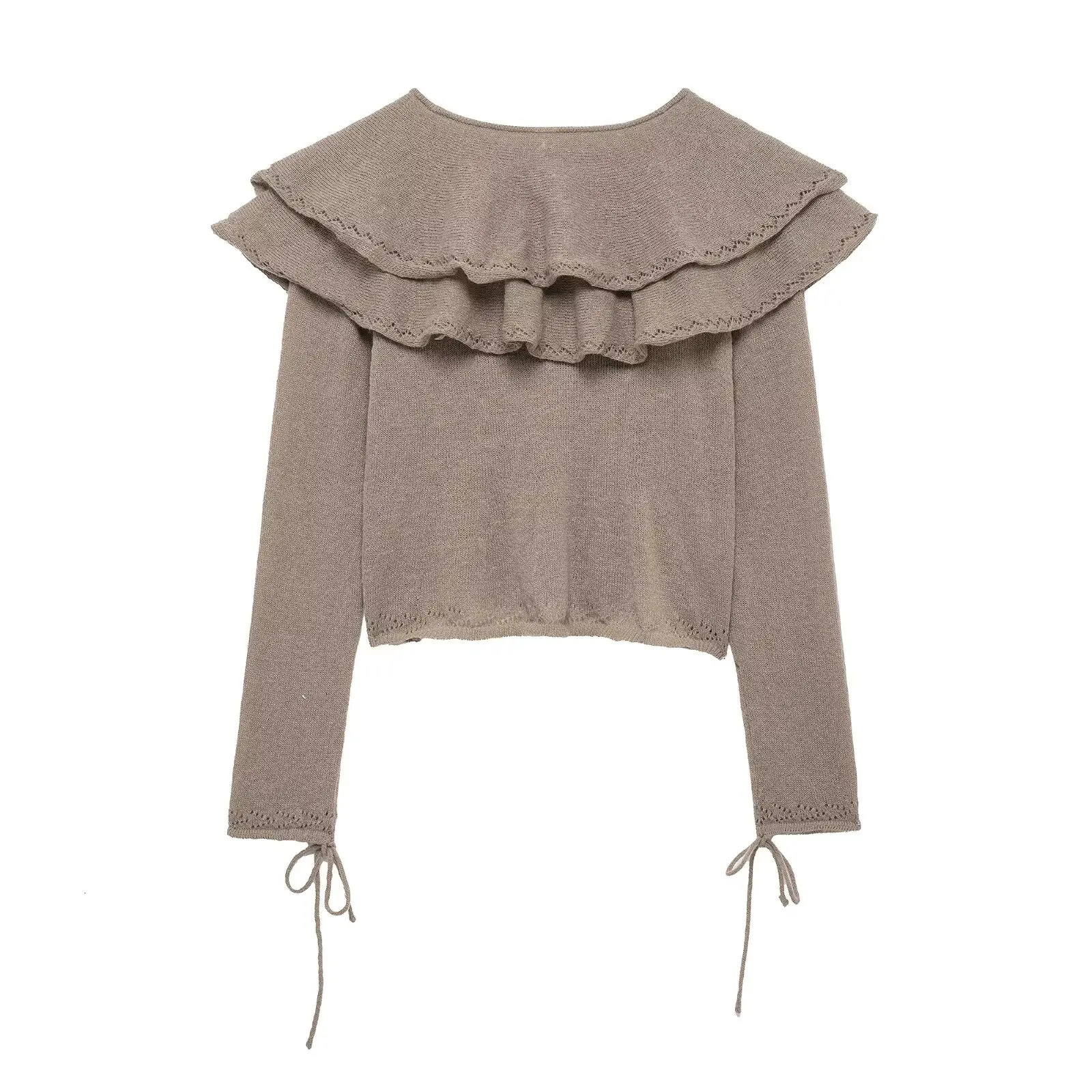 Zevity Women Fashion V Neck Cascading Ruffle Crochet Knitting Short Blouse Female Casual Shirt Blouses Chic Crop Tops LS9134 250515
