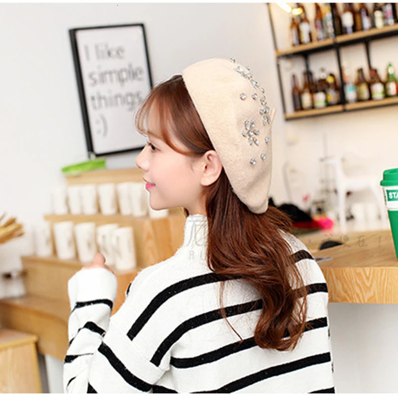 VISROVER Woman Wool Winter Beret DIY Female Rhinestone Wool Cap Autumn Winter Hat Solid Color Top Quality Women Boina Wholesales 250514