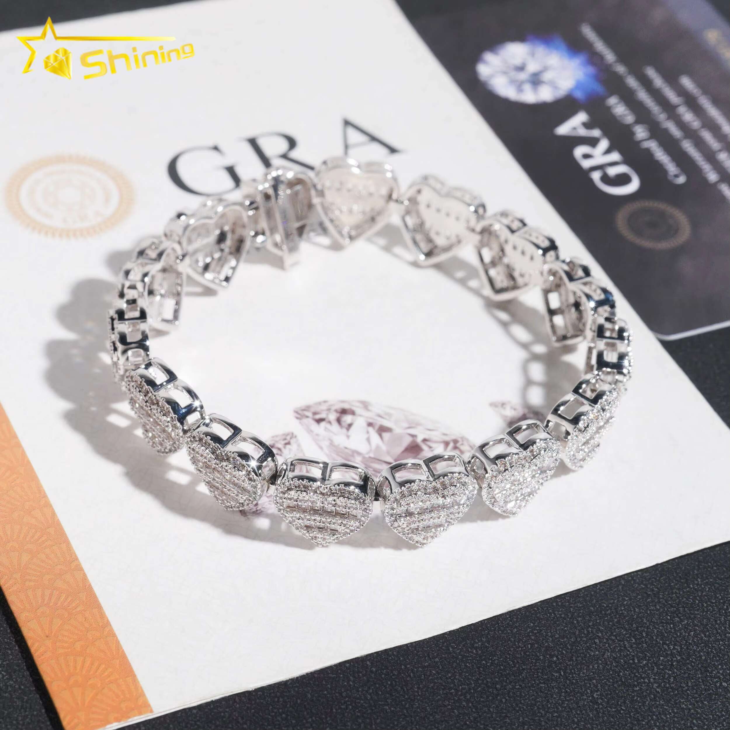 Fashion Design baguette 13mm Heart Bracelet Moissanite Diamond Cuban Link Bracelets