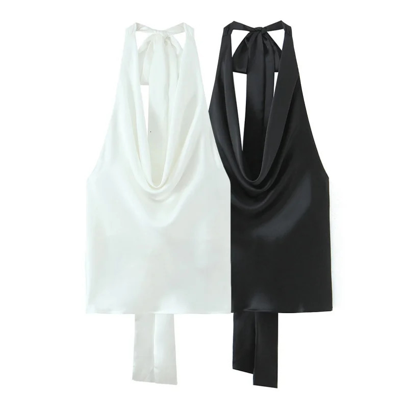 Womens Casual Satin Halter Top with Adjustable Tie Sleeveless Open Back Solid Collar Vest Summer Beach Style Female Blouse 250515