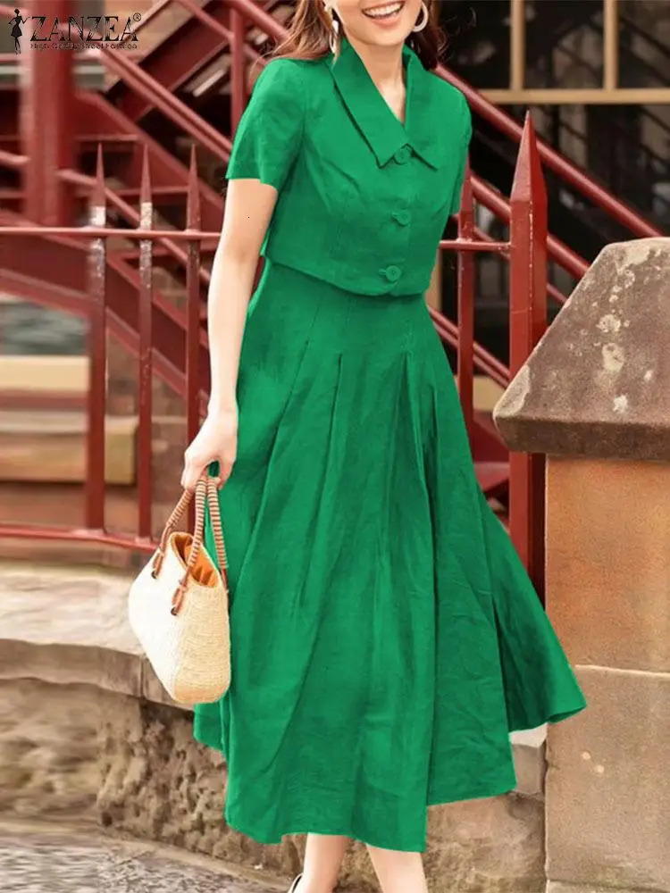 ZANZEA Women Two Piece Sets Summer Matching Office Short Sleeve Outwear And Tank Dress Outfits Casual Solid Suit 250515