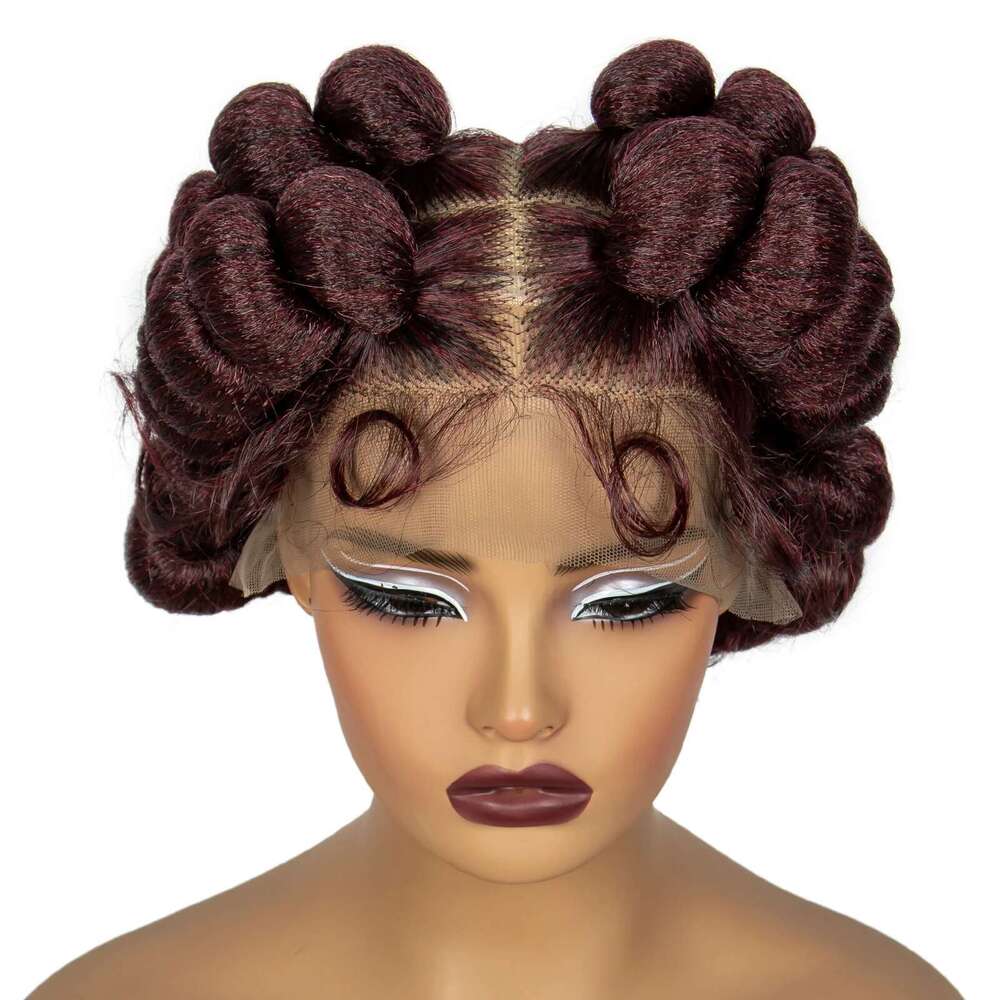 Bury 99J Handmade Bantu Wigs with Baby Hair Short Cute Synthetic Full Knotless Braided Lace Wig For Black Women