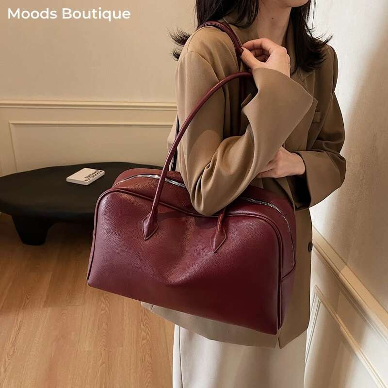 MOODS Oversized Bowling Shoulder Bags For Women Soft PU Leather Pure Color Lychee Pattern Large Capacity Travelling Shopper Tote