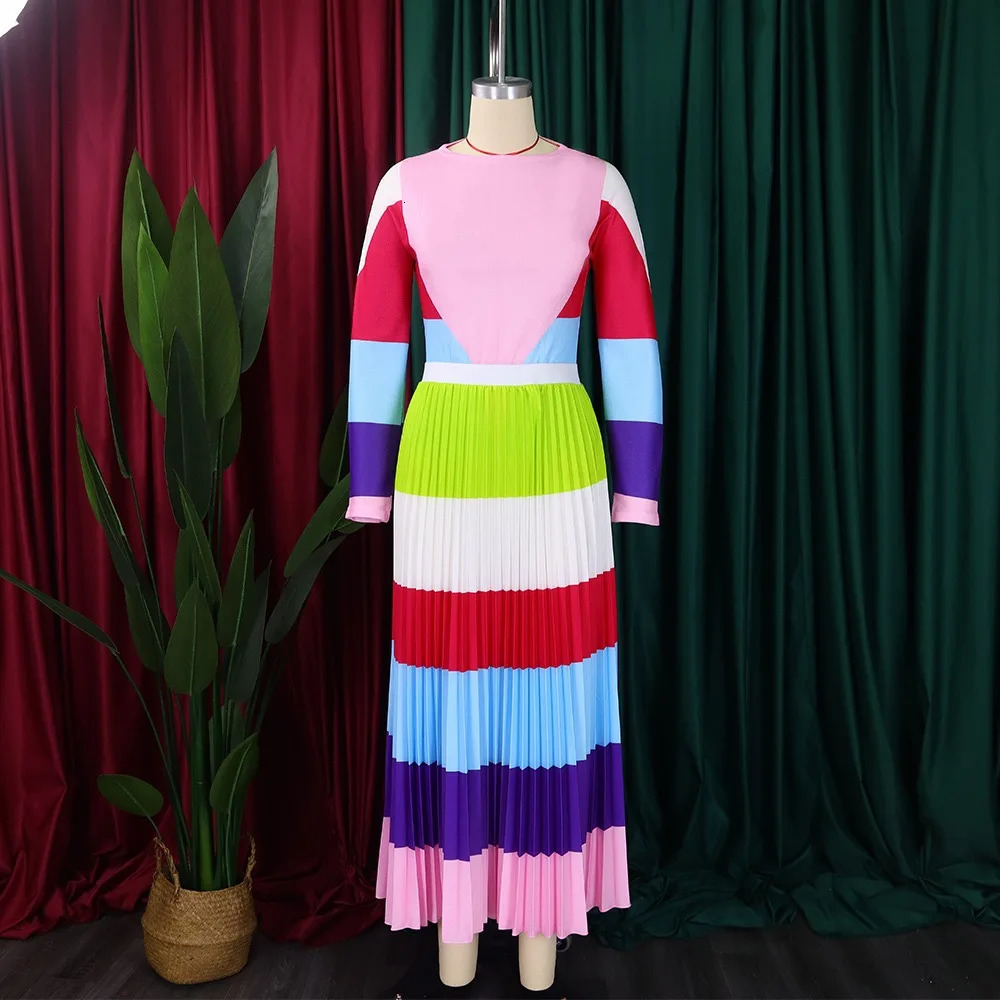 Elegant 2 Pieces Skirts Sets for Woman Striped Printed Full Sleeve Blouse Pleated Fashion Female Birthday 250515