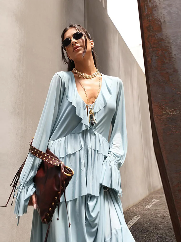 Ruffled Layered Shirt Top Long Skirt Women Two Piece Set Flared Sleeves Lace Up VNeck Pleated Satin Blouse Loose Beach Skirts 250515