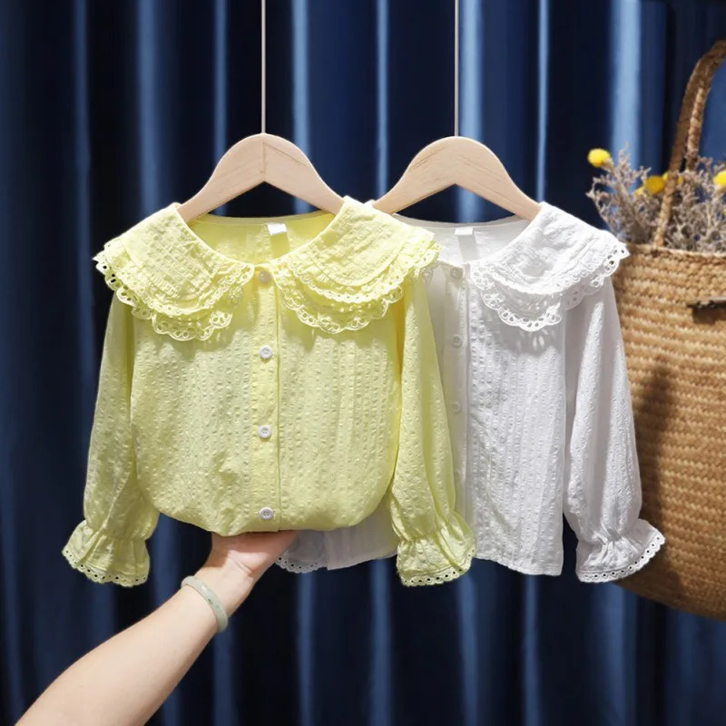 Girls Fashion White Blouses Children Style Lapel Blouse Flared Sleeves Tops Kids Long-Sleeved Cotton Lace Casual Blouses 250515