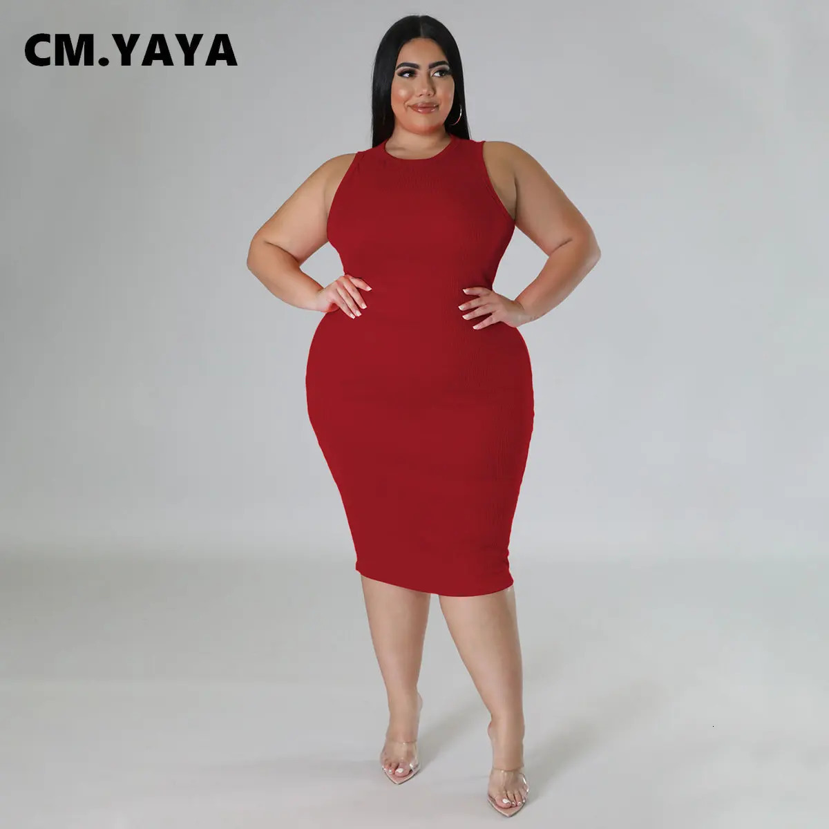 CM.YAYA Women Plus size Fashion Sleeveless Knit Ribbed Bodycon Midi Tank Dress High Street Vintage Party Evening Pencil Dresses 250515