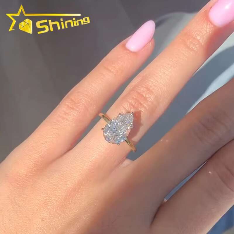 CVD/HPHT Lab Diamonds Solitair Plain Band Custom Luxury 14K Real Gold Pear Cut Moissanite Diamonds Wedding/Engagement Rings
