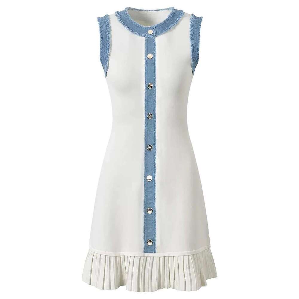 High Quality Elastic Knitted New Fashionable Round Neck Denim Sleeveless Pleated Slim Fit Commuter Women's Dress