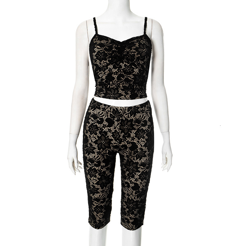Sexy Lace 2 Pc Outfits Womens 2025 New Perspective Strap Top Hip Lifting Casual Pants Two Piece Set