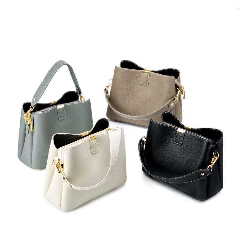 Hifashion 100% Cow Genuine Leather Bucket Shoulder Crossbody Bags For Women 2025 Designer Wide Strap Tote Ladies Handbags