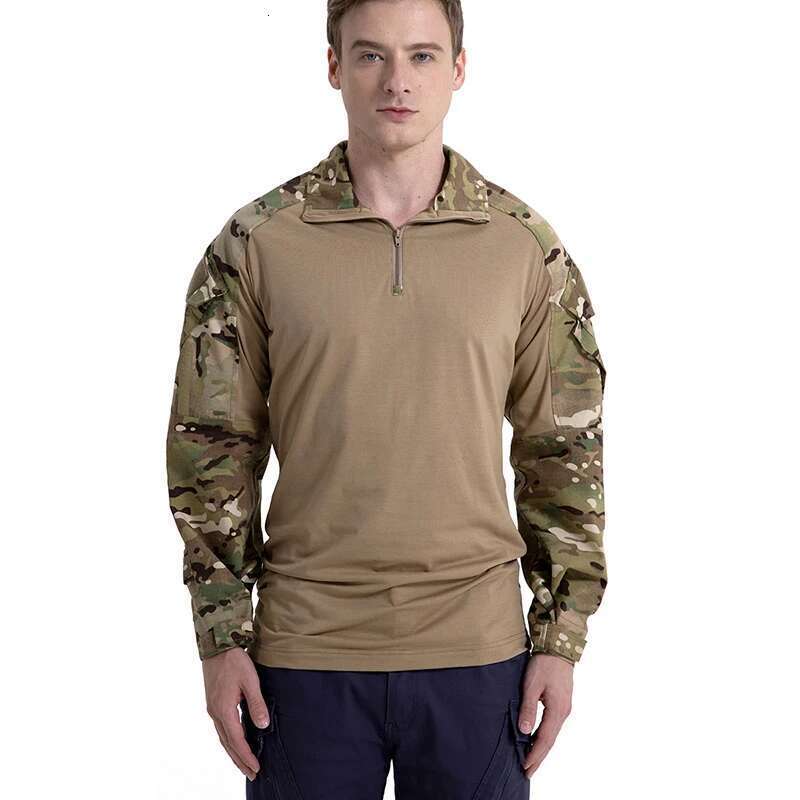 Men's Camouflage Tactical 1/4 Zip Long Sleeve Combat T Shirt Cotton Camo Uniform Airsoft Shirts
