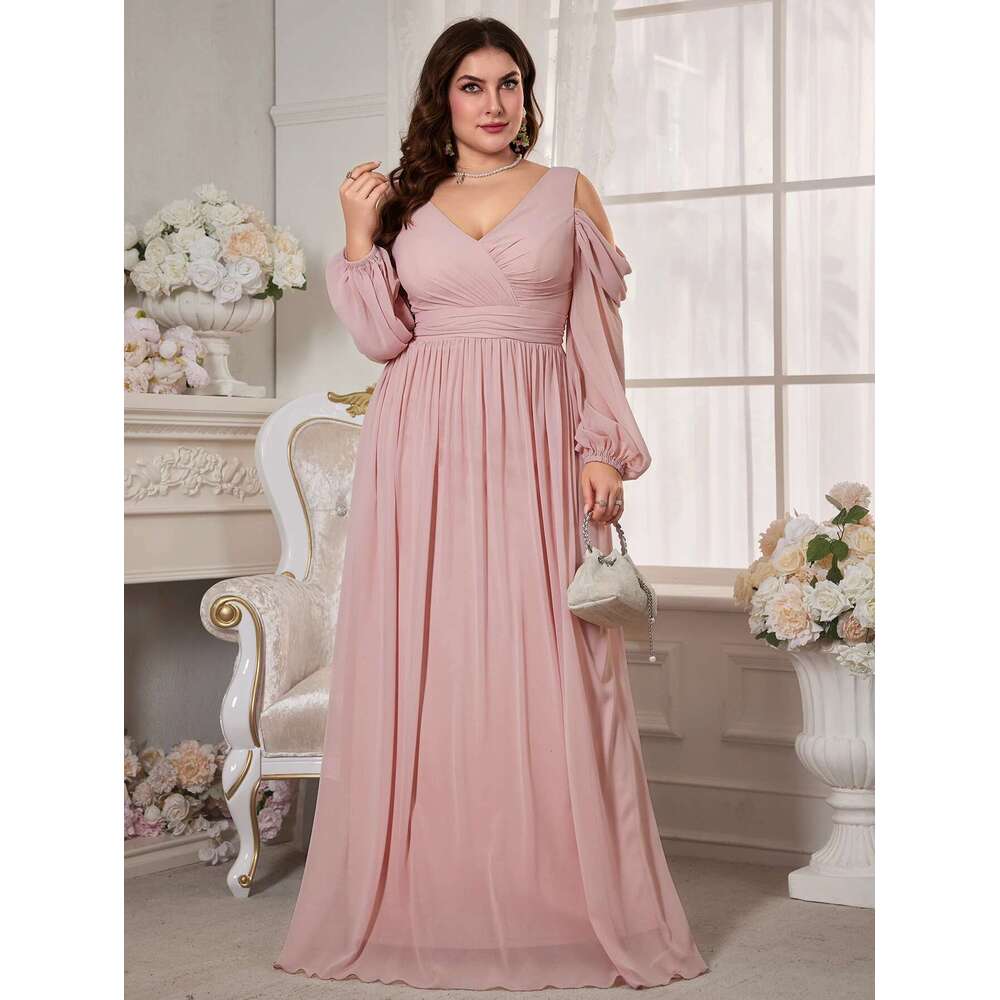 Unithorse Plus Size Women's Bust Ruched Long Sleeve Floor-Length Pink Chiffon Dress