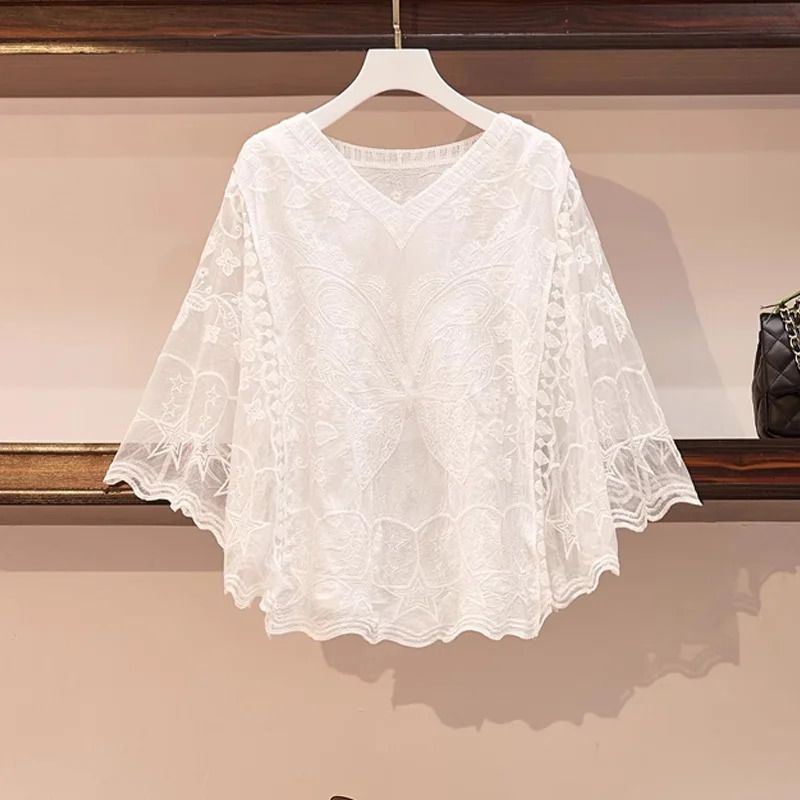 Spring Summer Fashion White Vneck Baty Sleeve Womens Blouse Casual Loose Pullover Sweet ed Lace Lady Tops MS16 250515