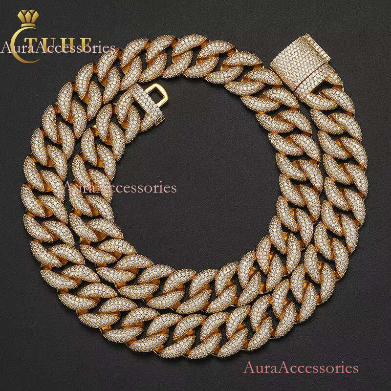 Men Jewelry Fashion Necklace 15mm Real Gold Plated Copper Zircon CZ Dia Iced Out Cuban Link Chain