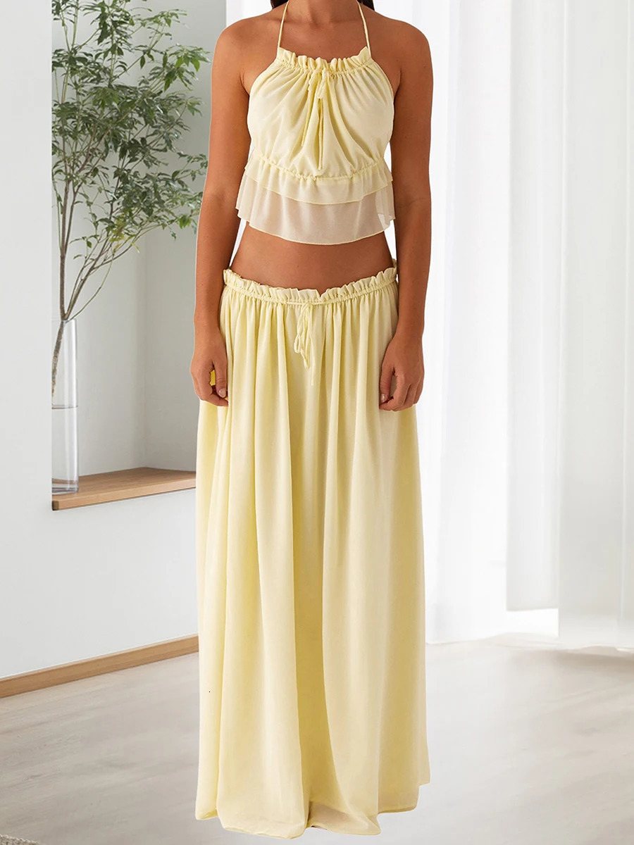 Womens Floral Print Crop Top and High Waisted Maxi Skirt Set for Summer Vacation Beachwear Outfit 250515