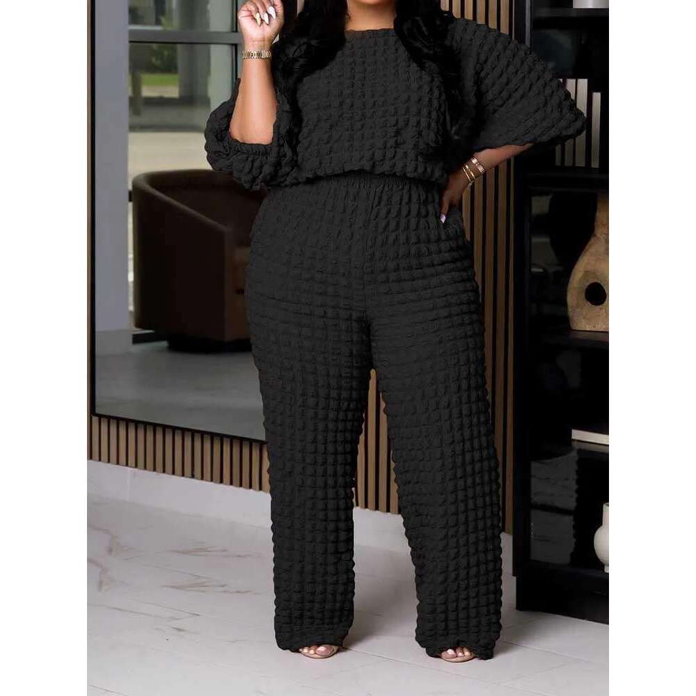 Curvy Plus Size Woman Clothing Fall Winter Long Sleeve 2 Piece Outfit Set Bubble Waffle Pleated Top and Pants Sets Elegant Suit