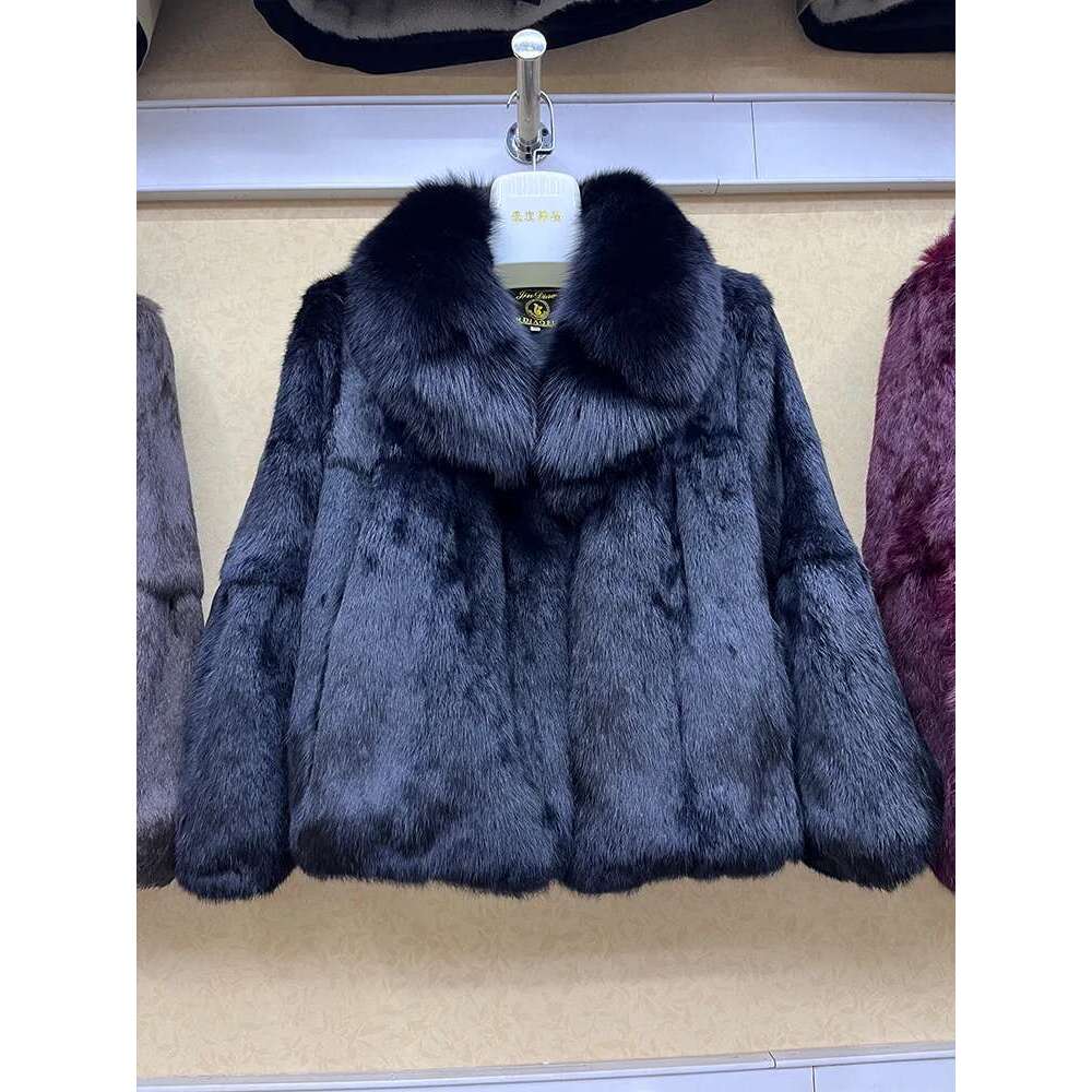 100% Genuine Whole Skin Real Coat With Natural Fox Collar Jacket Full Pelt Rabbit Fur Overcoat