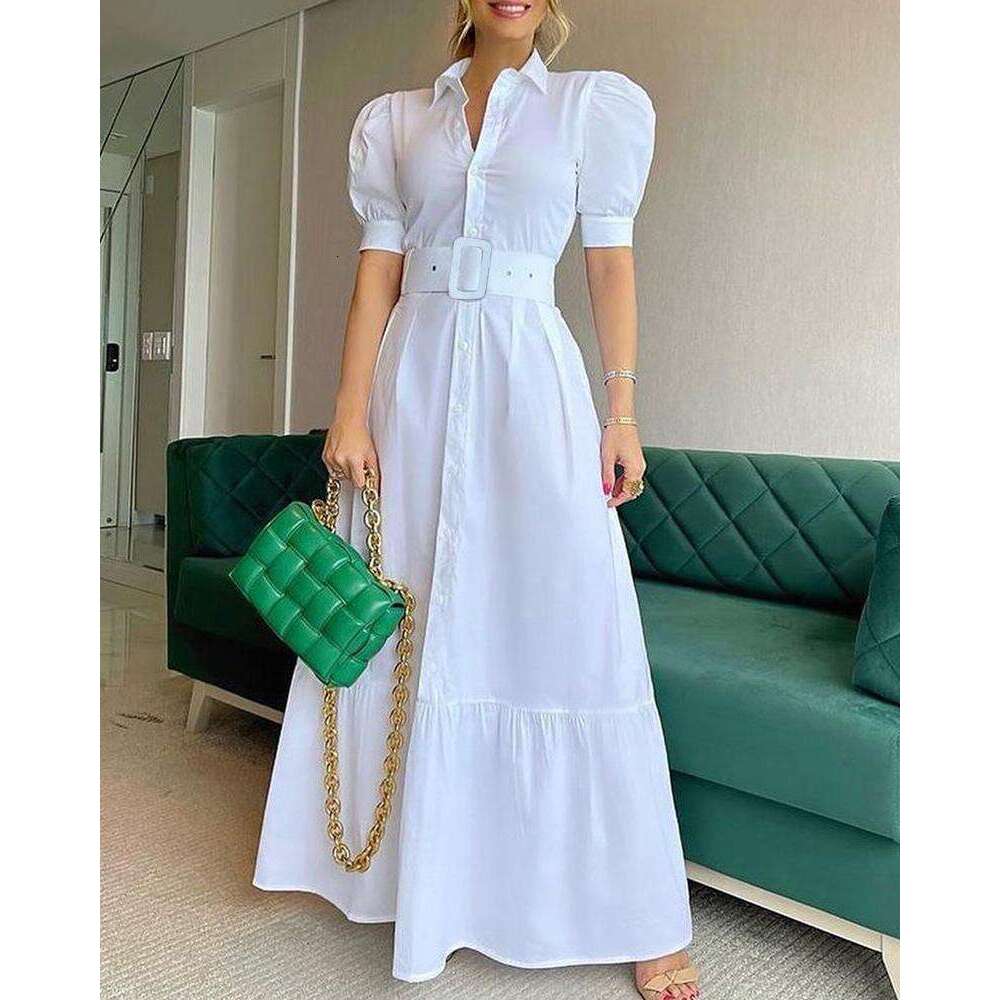 White Dress Maxi Dress 516 # New Style Commuting Long Short Sleeved Large Hem Dress With Belt KQ