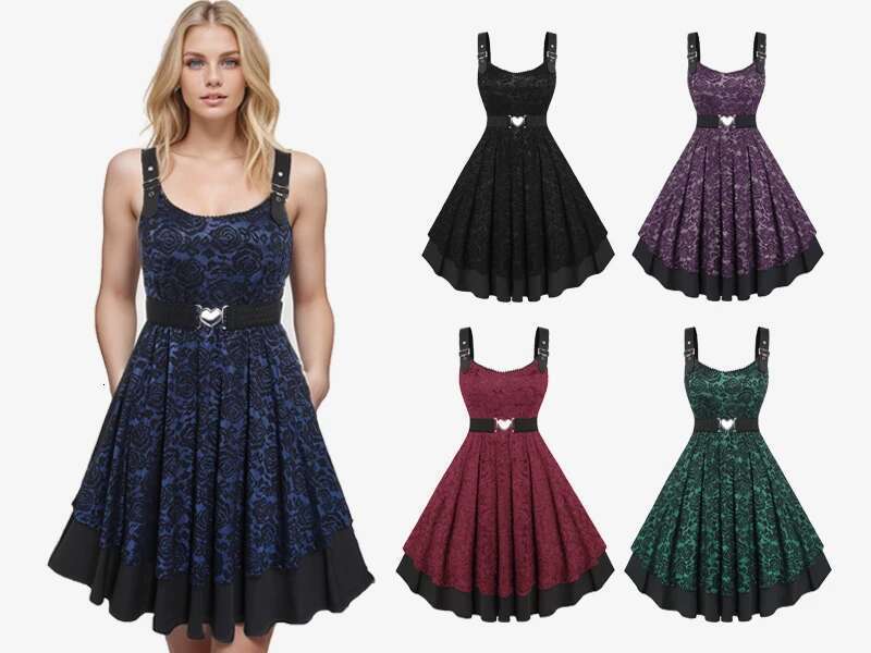 ROSEGAL Plus Size 1950s Vintage Floral Lace Jacquard Belt Women tail Party Dress Sleeveless Fit And Flare Vestidos