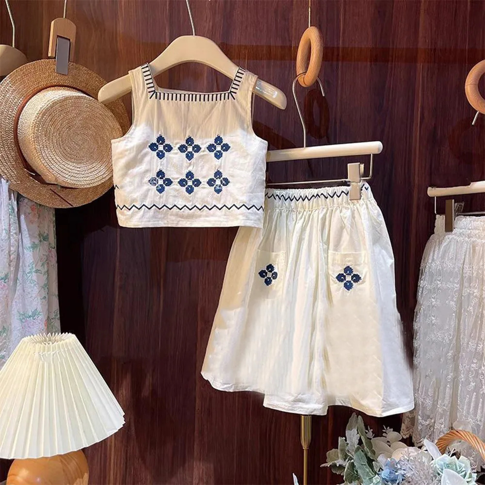 Summer Sleeveless with Pockets Kids Outfits Embroidered Vest Top Skirt Two-piece Girls Sets 3-7Y 250515