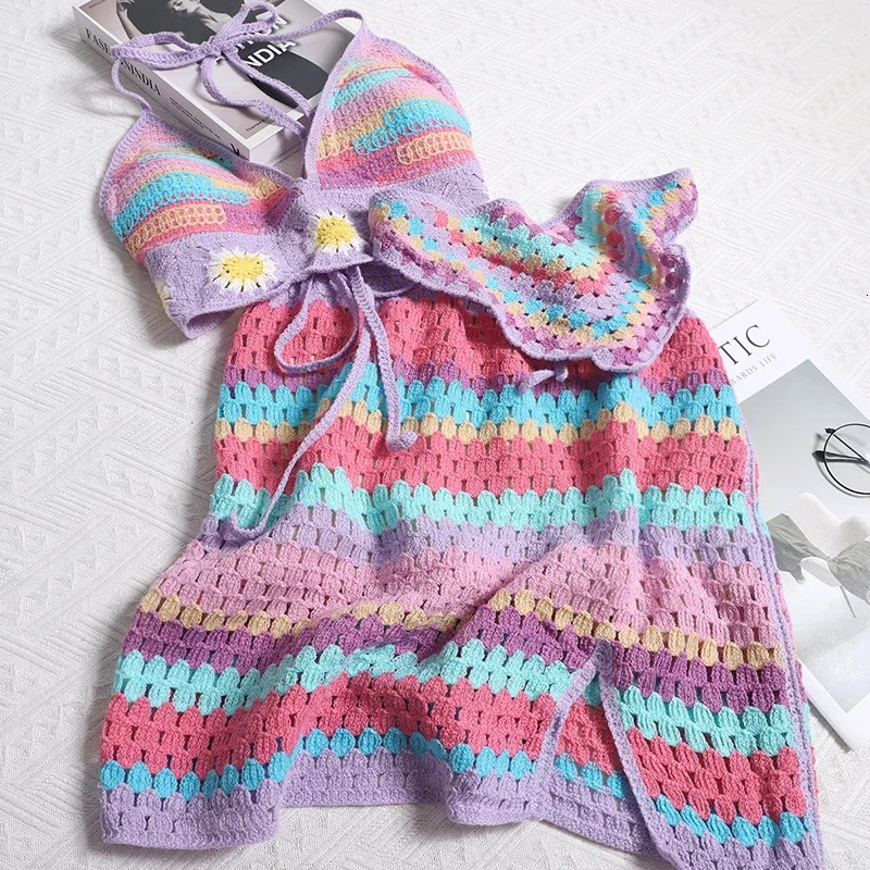 Woman With Headscarf Colorful Knitting Small Suspender For Slimming Effect Split Skirt Three Piece Set Seaside Vacation Style 250515