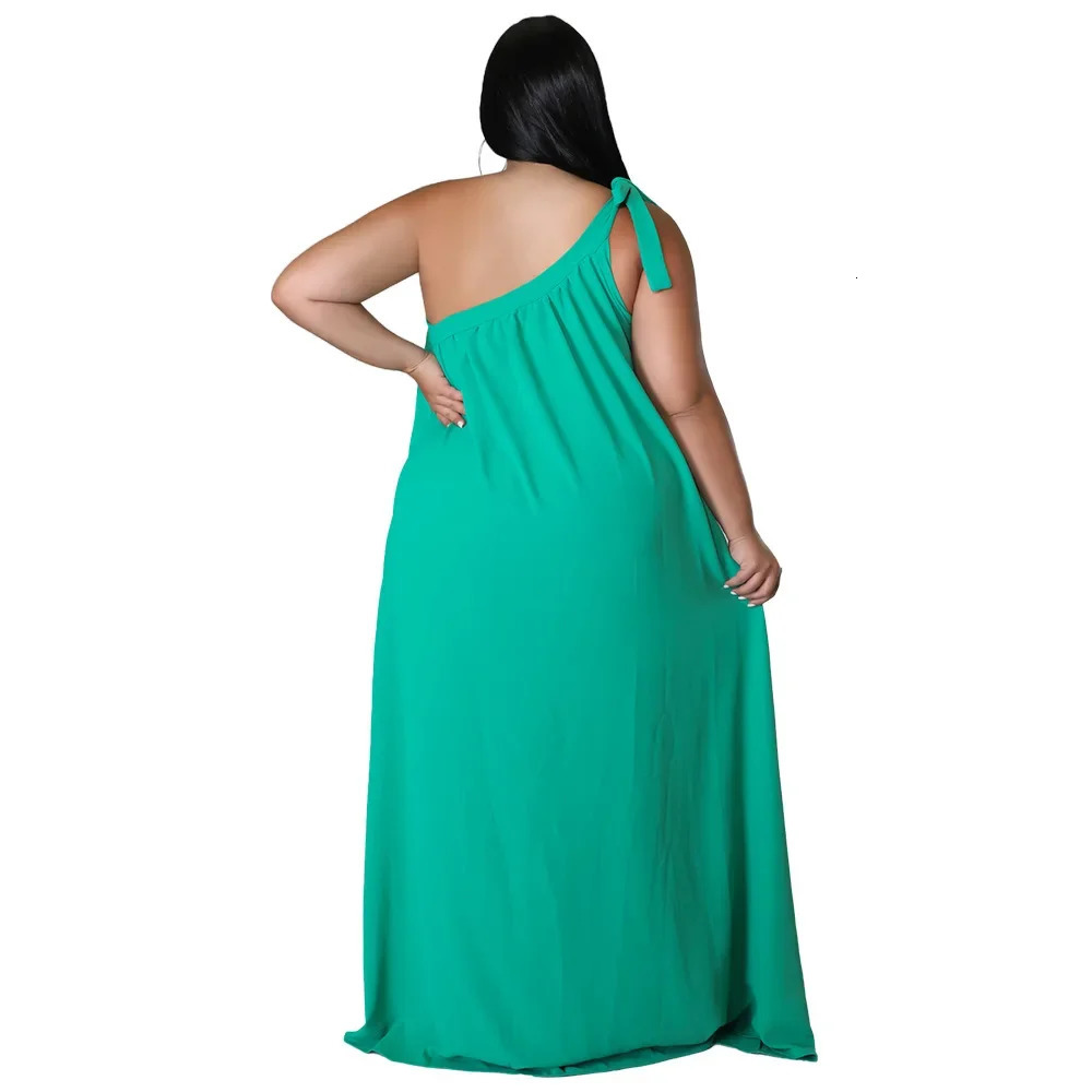 Plus Size Summer Fashion Womens Clothing Strapless Single Shoulder Halter Neck Sexy Open-back Solid Color Long Dress 250515
