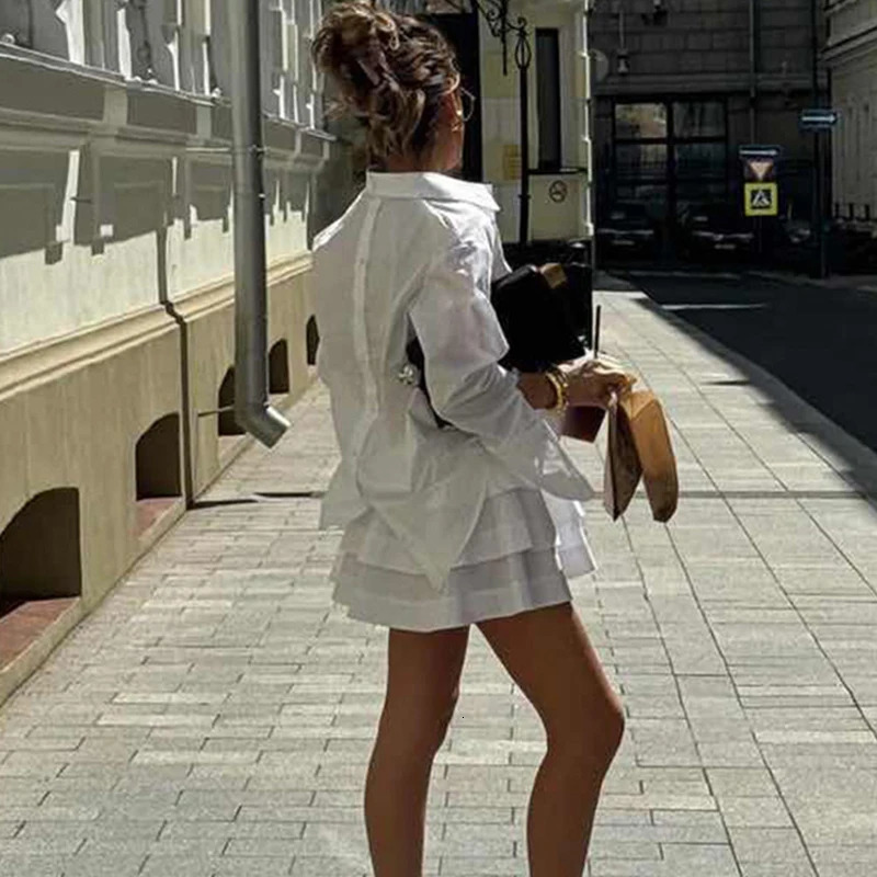 Tornova White See Through Skirt TwoPiece Set For Women Long Sleeves Shirt High Waist Cake Suit Female Loose Casual 250515