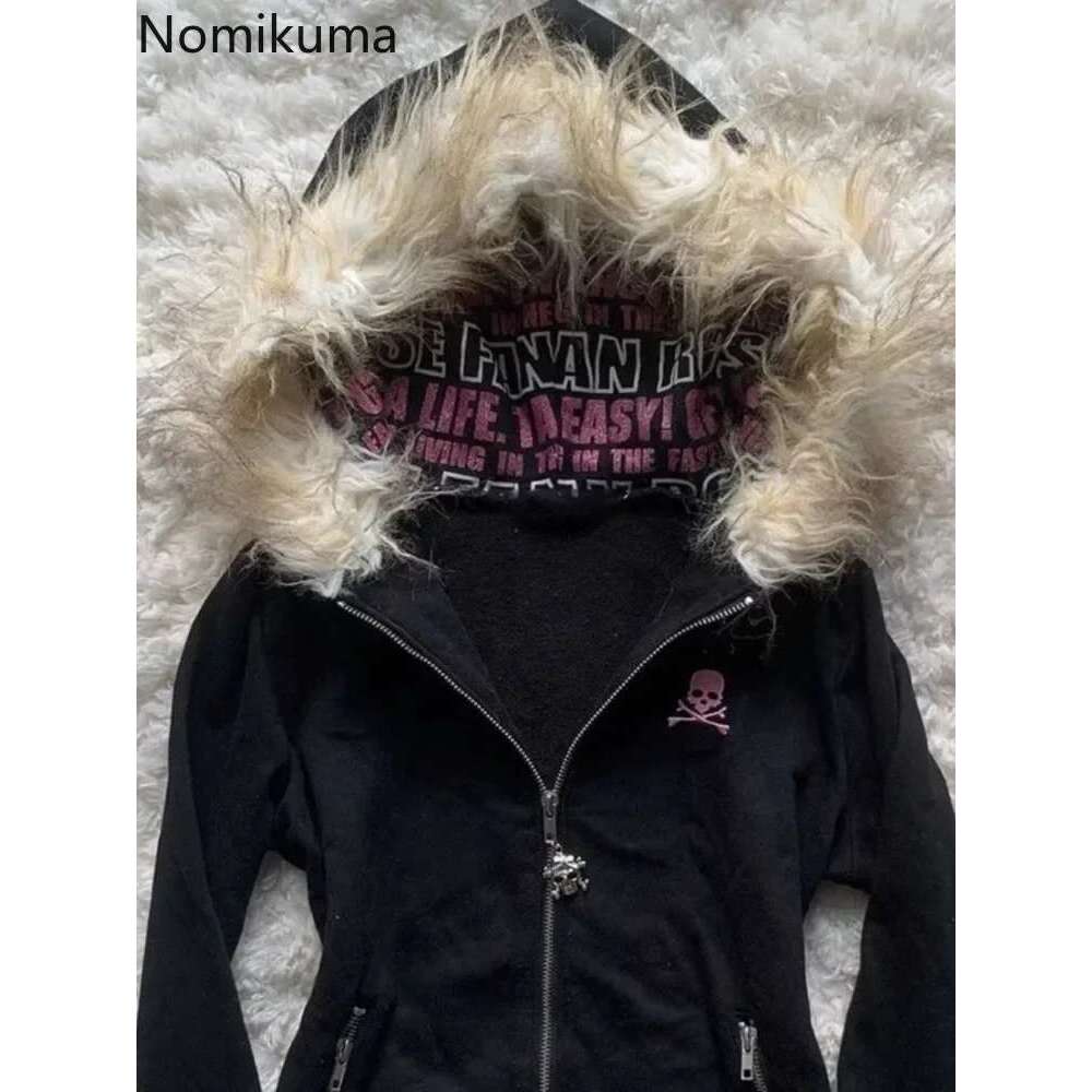 Black Goth Hoodie Women's Clothes Letter Skull Embroidery Zipper Y2k Coat Fashion Hooded Jacket Japanese Sweatshirts Y2k Tops Designer