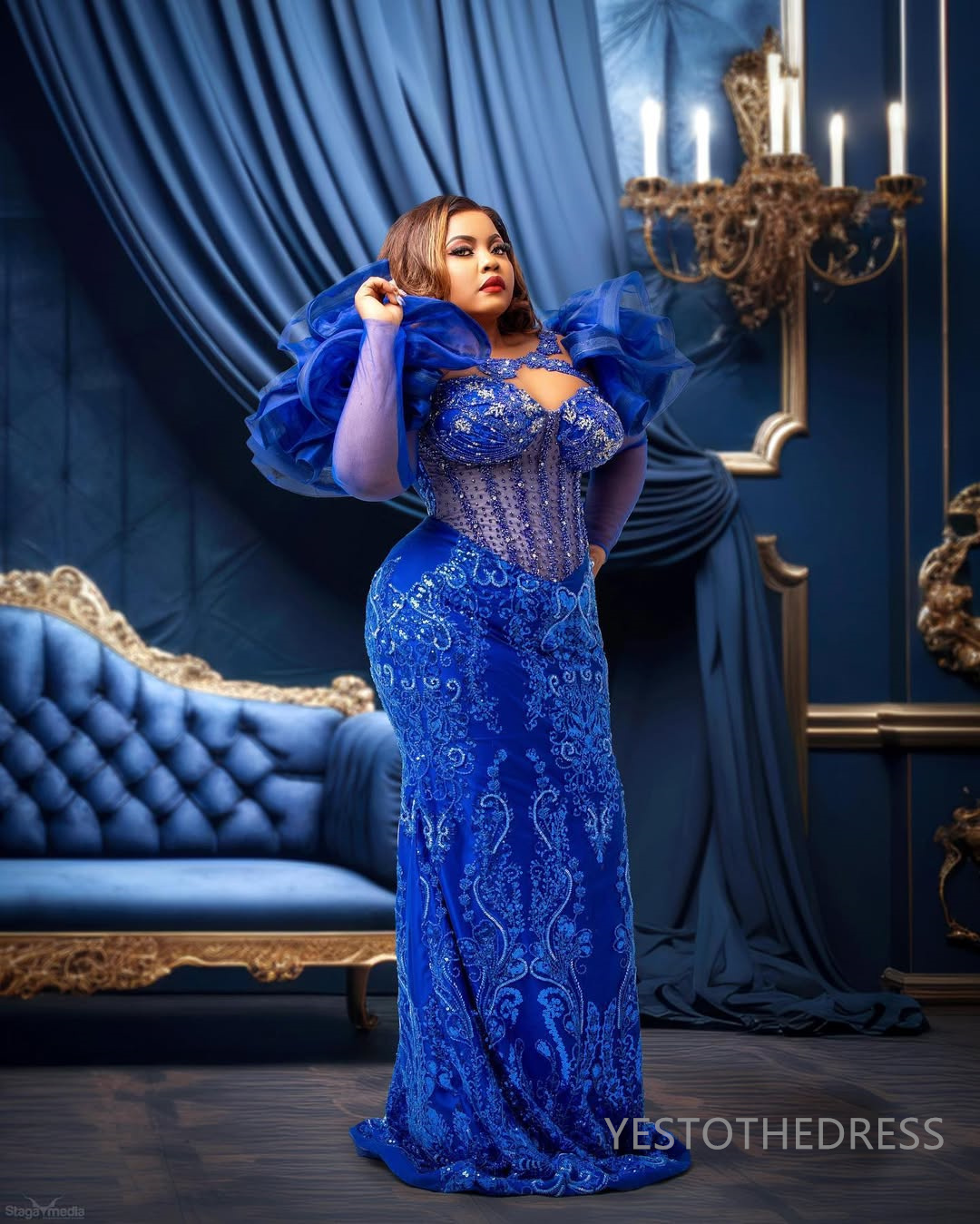 2025 Plus Size Royal Blue Aso Ebi Prom Dress Mermaid Prom Dresses Evening Formal Gowns Sheer Neck Beaded Lace Long Sleeve Birthday Dress Second Recept