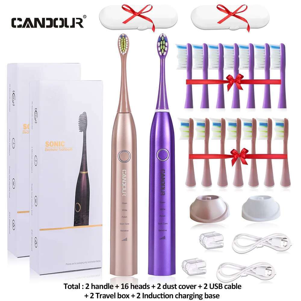 CANDOUR CD-5168 Sonic Electric Rechargeable Toothbrush IPX8 Waterproof 15 Mode USB Charger Replacement Heads Set