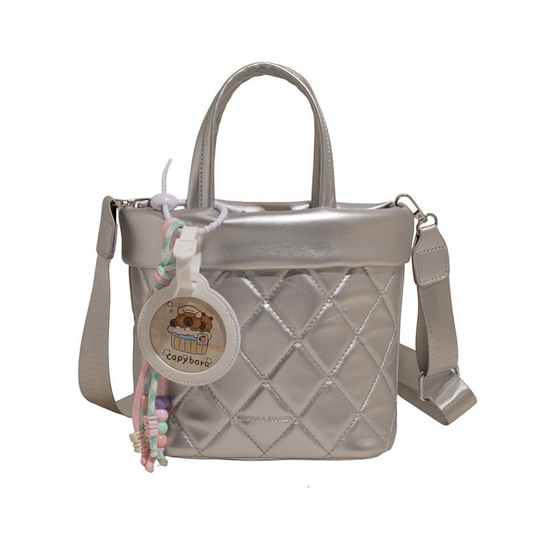 2025 New Lingge Embroidery Line Commuter Handheld Bucket for Women's Leisure Versatile Simple Solid Color Single Shoulder Crossbody Bag