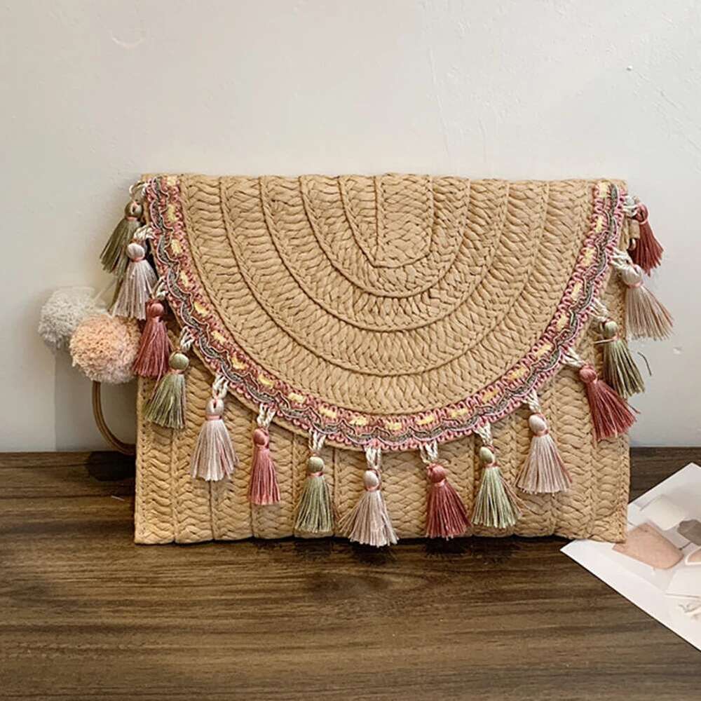 Retro Square Straw Wicker Envelope Tassels Wrist Pack Handbags 2023 Women Summer Woven Clutch Bag Beach Shoulder Bags
