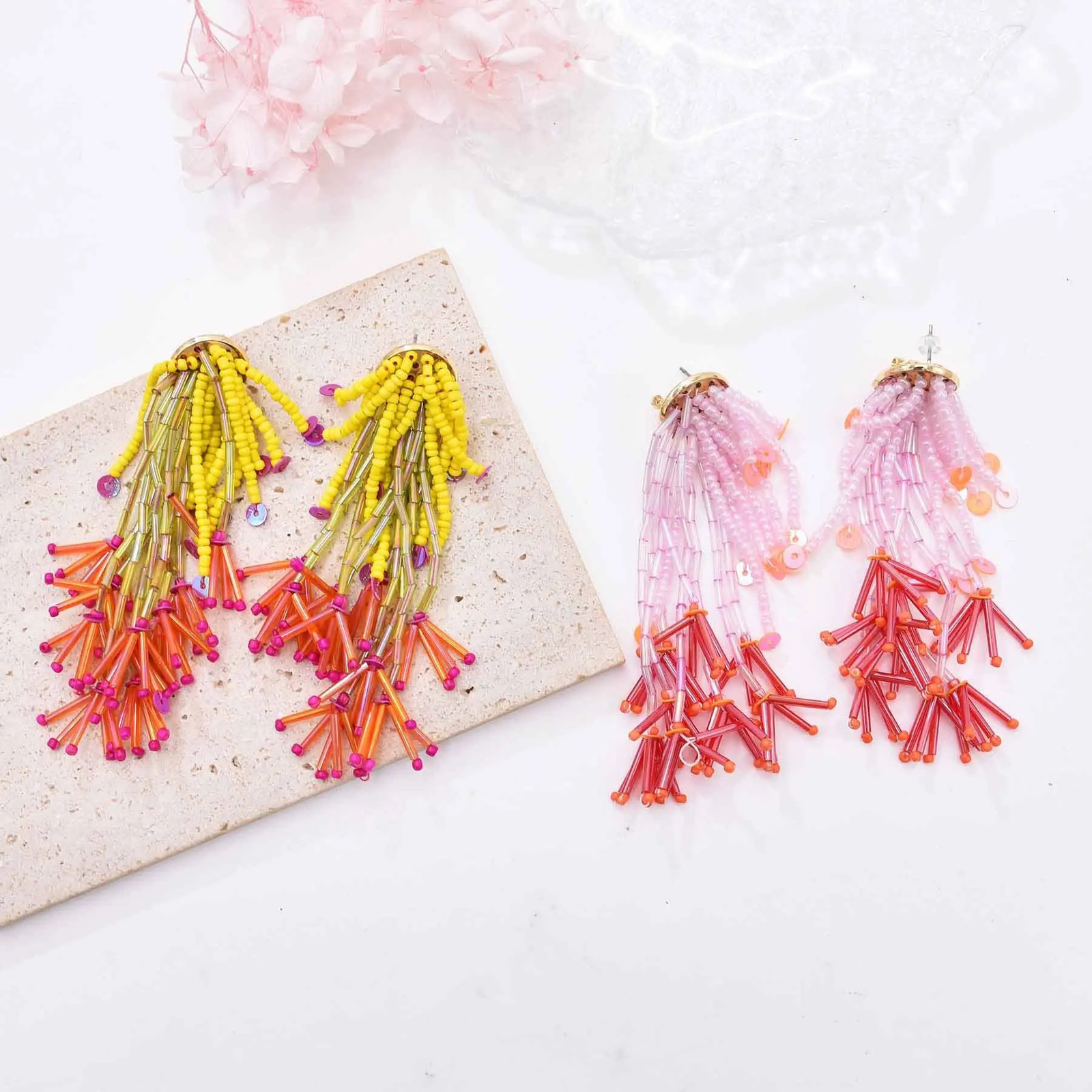 European and American exaggerated hand-beaded rice beads tassel earrings bohemian long vacation style beads earrings for women 250514