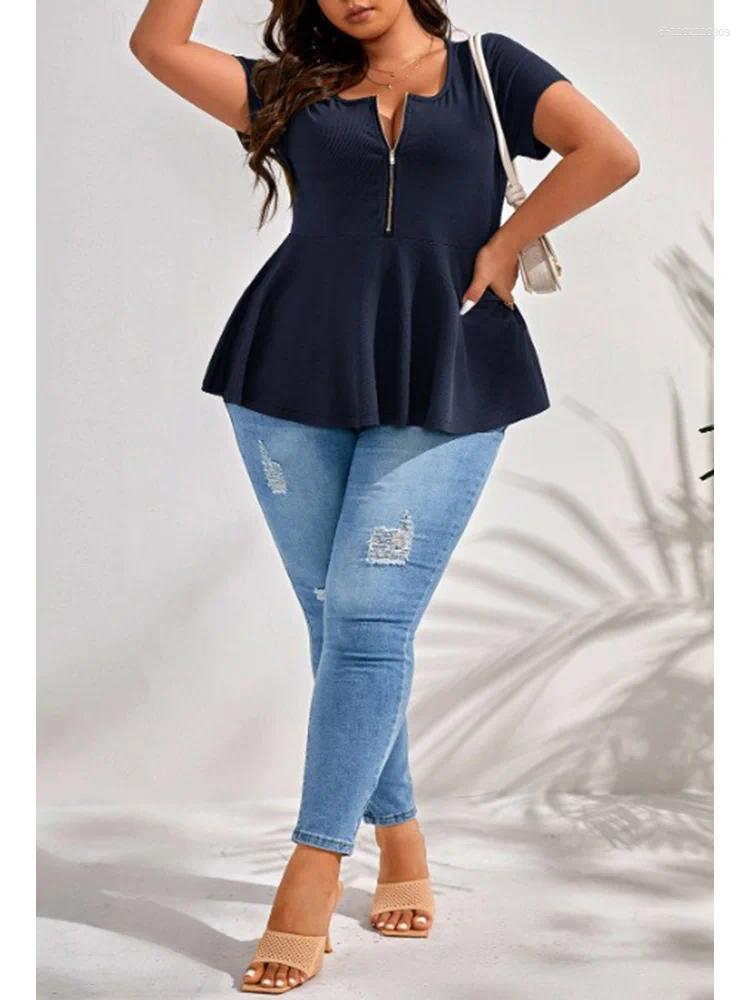 Shirt Plus Size Solid Zip Front Peplum Tops Women Summer 2025 Fashion O-Neck Short Sleeve Female Casual