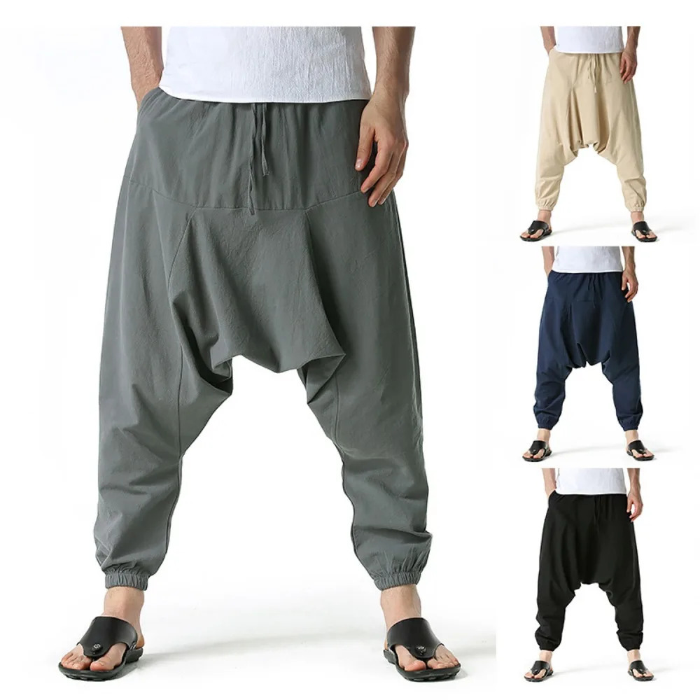 Mens Cotton and Linen Pants Harem Baggy Casual Oversize Loose Joggers Wide Leg Yoga Drop Crotch Trousers Hip Hop 250515