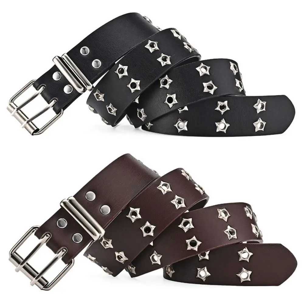 Adjustable Punk Waist Belt Double Pin Buckle Y2k Style Belts Rivet Belts For Men Women Double Star Eyelet Grommet Waist Strap Y250515