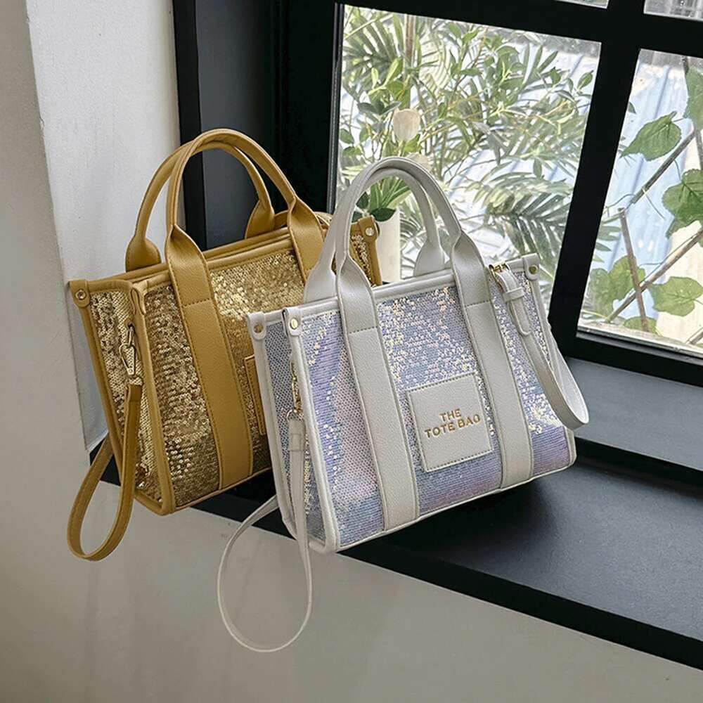 Women Shoulder Bag PU Leather Sequins Top-Handle Bags Casual Fashion Shiny Portable Adjustable Straps Shopper Tote Purse