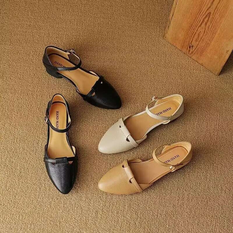 2025 Women's Sheepskin Ankle Strap Sandals Round Toe Thick Med Heel Platform Summer Pumps High Quality Heels Shoe