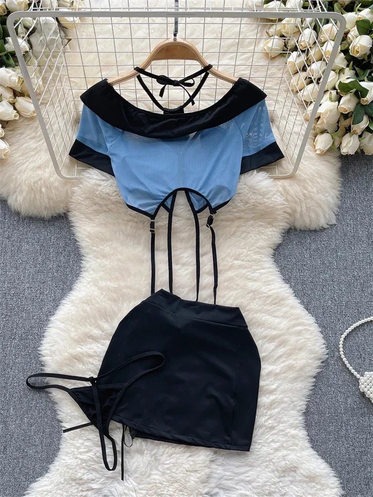 Tornova Preppy Style Sexy Uniform Sets For Women V Neck Sheer TopLace Up Mini SkirtThongs Hollow Out Cosplay Porn Suits 250515