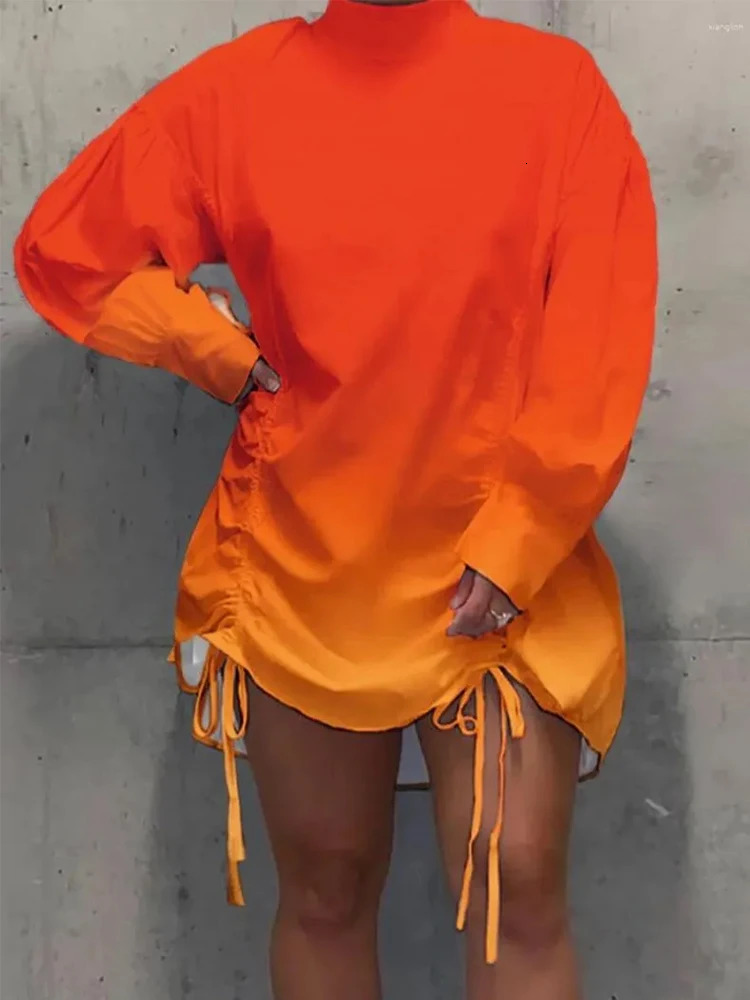 plus Size Tie Dye Half a Turtleneck Fold Casual Dress with Drawstring Long Sleeves Mini Dress 250515