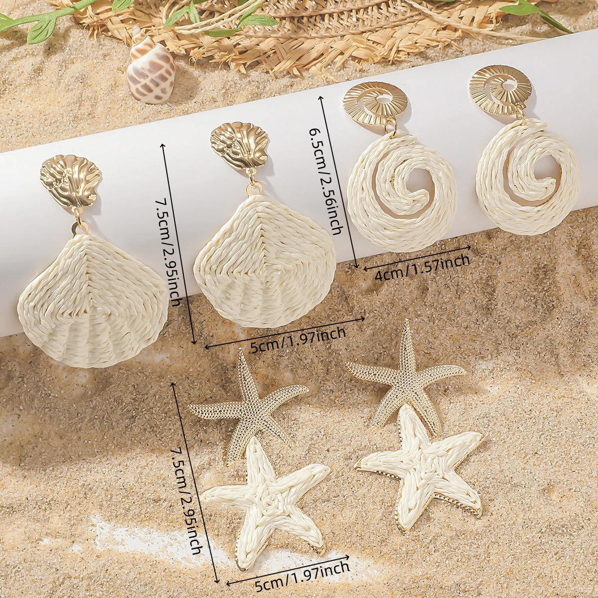 1 Set Elegant Ocean Theme Rattan Knit Drop Earrings for Women Girls Boho Summer Raffia Shell Starfish Conch Earrings Jewelry 250515
