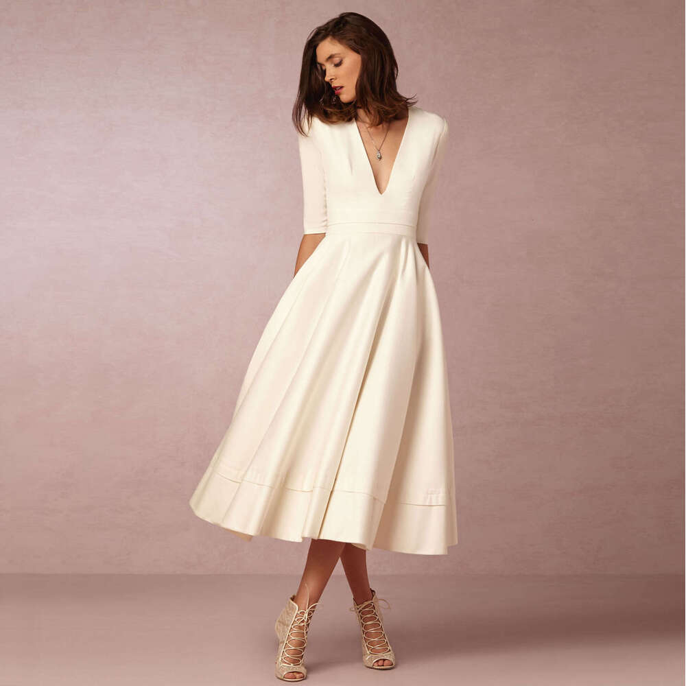 White Dress Maxi Dress 2024 New Women's Evening Sexy Deep V Mid Sleeves Large Hem Dress KQ