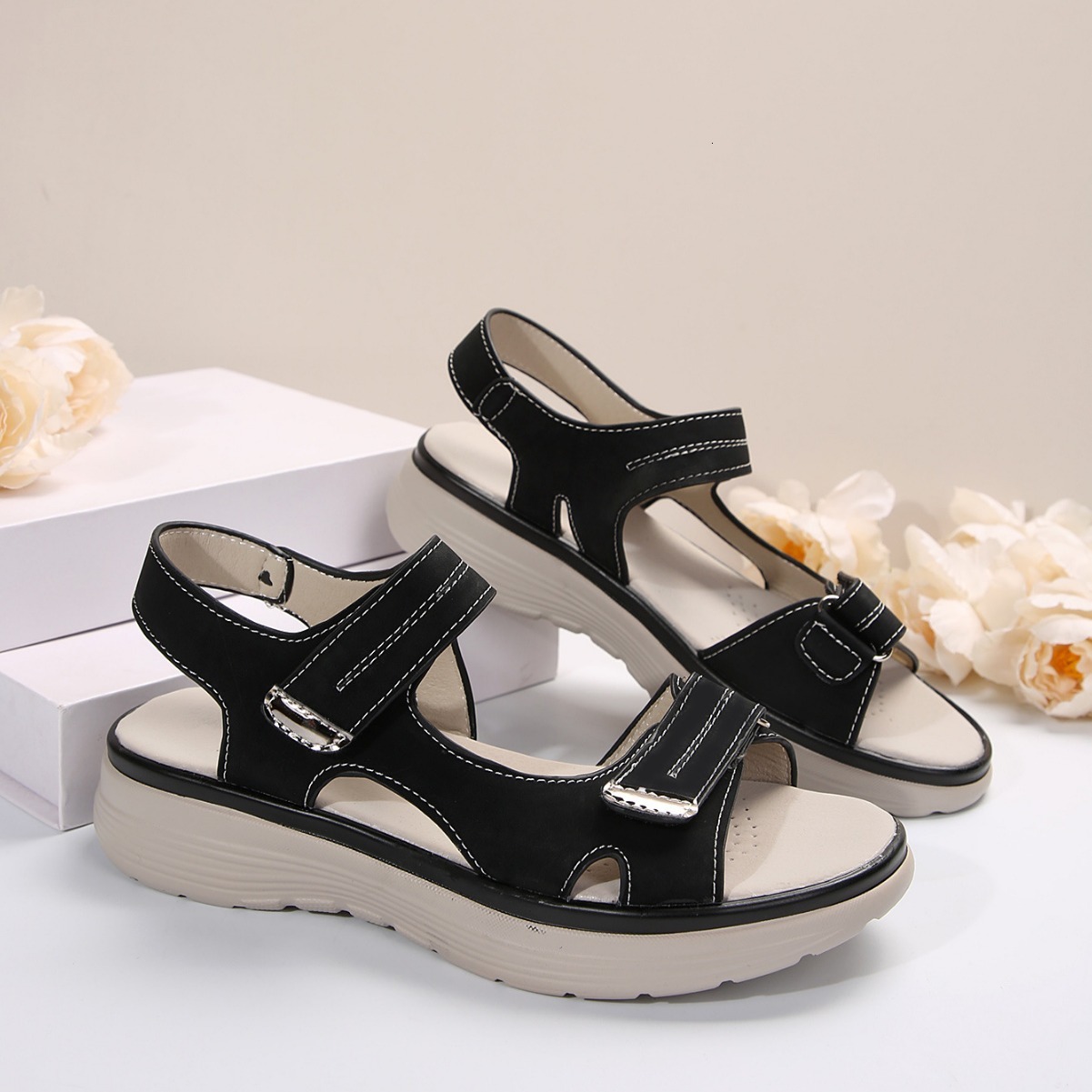 New Leather Thick Bottom Women S Sports Style Casual Shoes Slope Heel Lightweight Velcro Large Roman Sandals Ddmysaturn