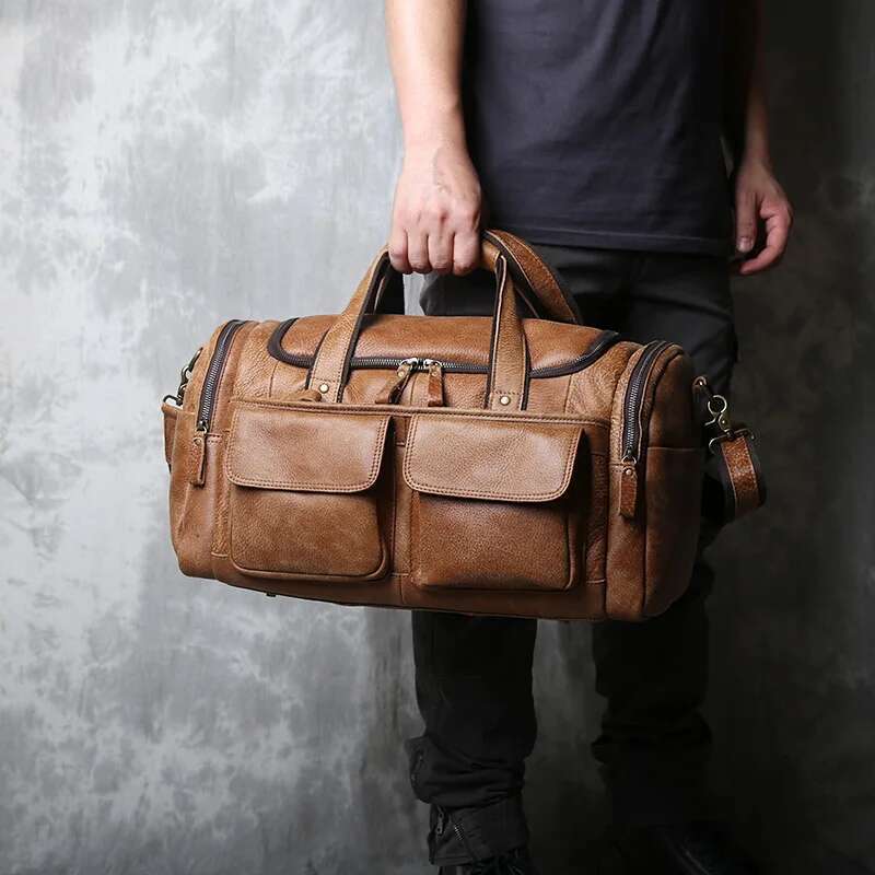 Retro Men's First Layer Cowhide Large-Capacity Portable Travel Genuine Leather Shoulder Messenger Bag