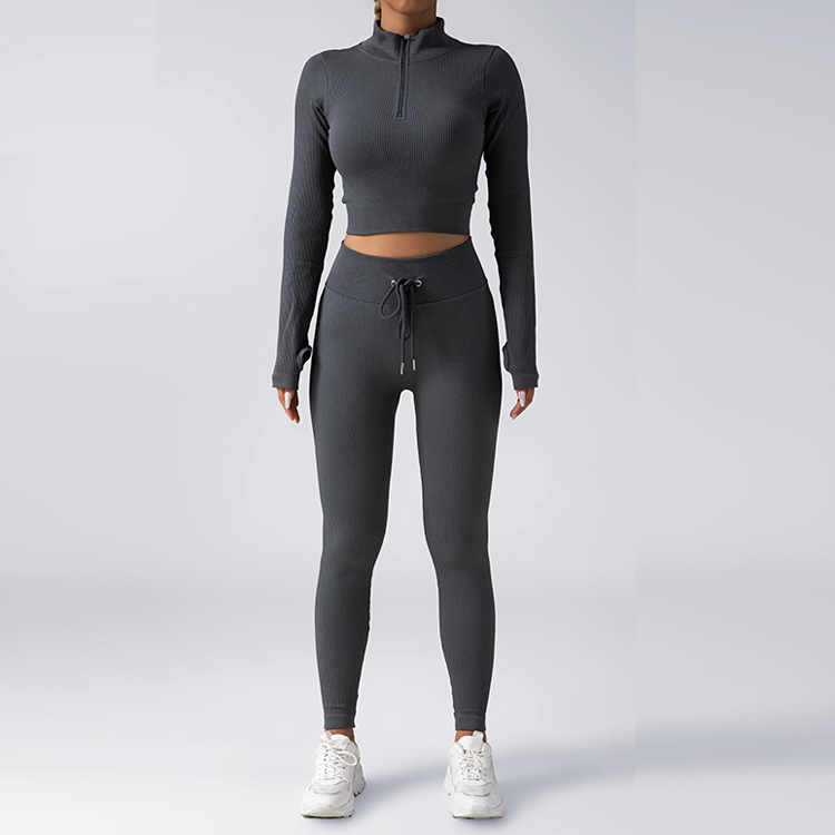Solid color fashion hot style zipper fitness long sleeve drawstring sports slim high elastic trousers two-piece yoga suit for women
