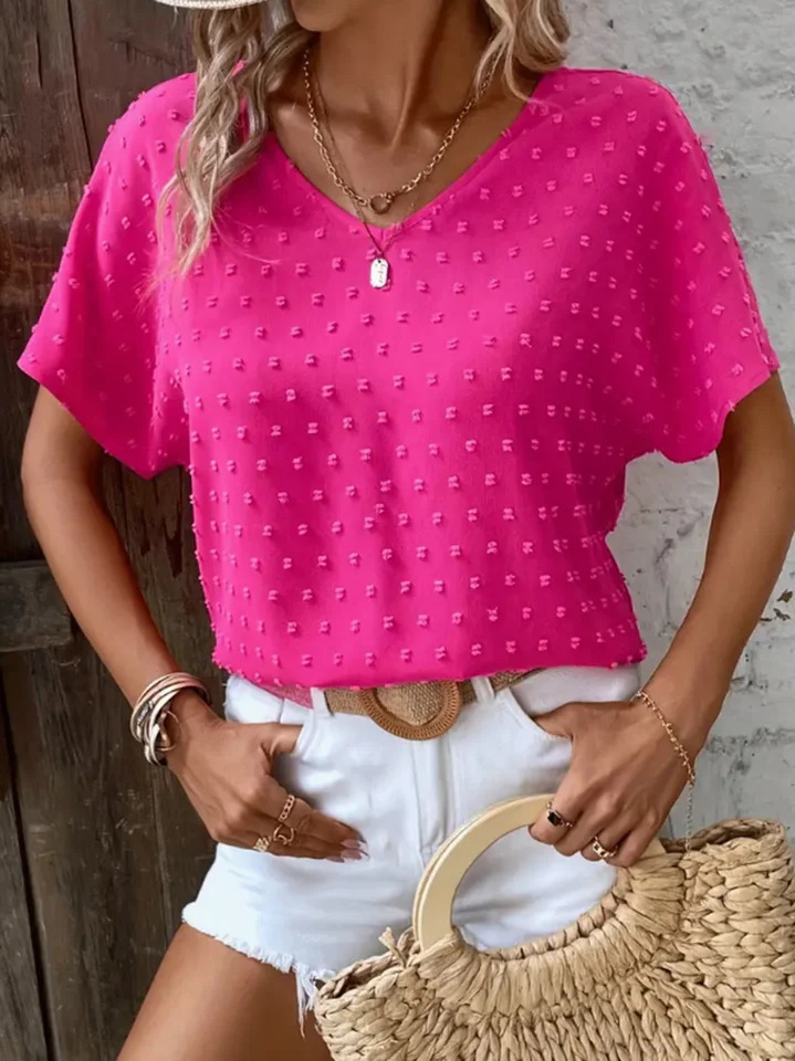 Womens Casual Swiss Dot Ruffle Sleeve Keyhole Back Blouse Breathable SemiSheer Round Neck Top Machine Washable Spring Sum 250515