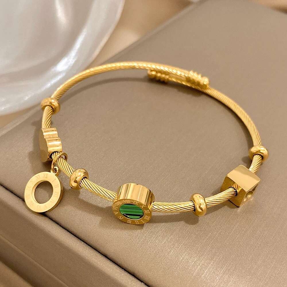 AENSOA 316L Stainless Steel Malachite Roman Letters Charm Bangles Bracelets For Women Gold Color Waterproof Wrist Jewelry Gift